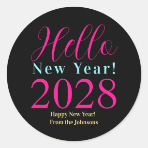 New Year's Eve Happy New Year Black Hot Pink Classic Round Sticker