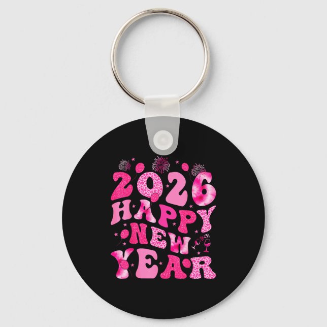 New Year's Eve Hello 2026 Groovy Family Matching C Key Ring (Front)