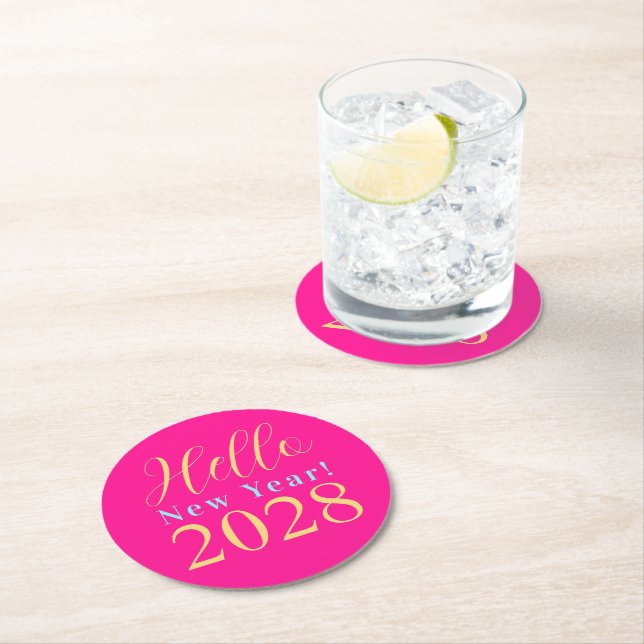 New Year's Eve Hot Pink Party Round Paper Coaster (Insitu)