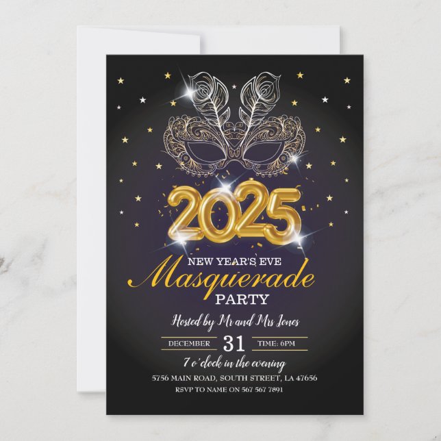 New Year's Eve Masquerade Party Black Gold Invitation (Front)