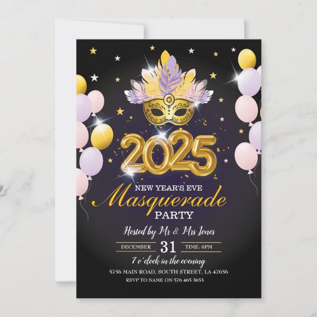 New Year's Eve Masquerade Party Black Gold Invite (Front)