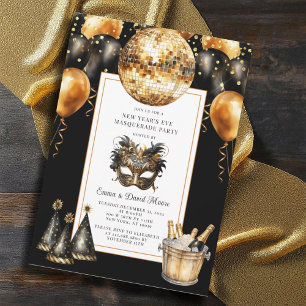New Year's Eve Masquerade Party Gold Black Glitter Invitation