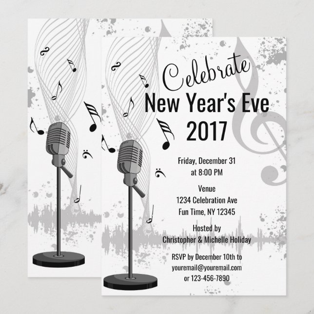 New Year's Eve Musical Black White Party Invite (Front/Back)