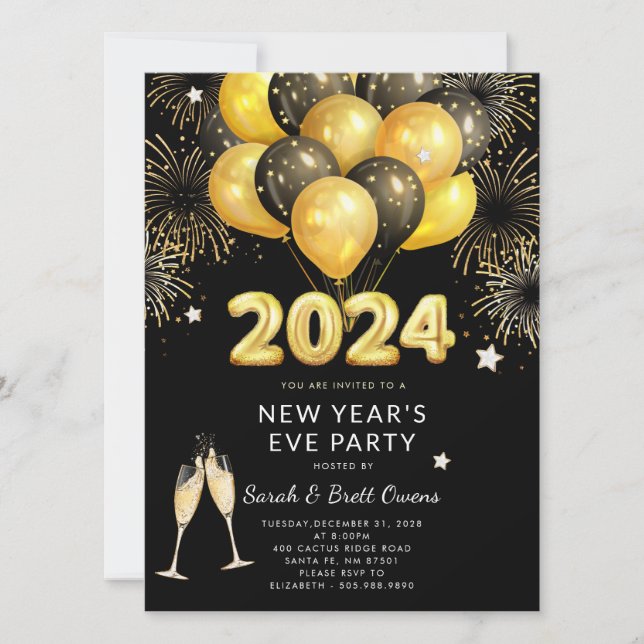 New Year's Eve Party 2023 Gold Balloons Fireworks  Invitation (Front)