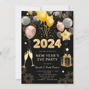 New Year's Eve Party 2023 Gold Glitter On Black  Invitation
