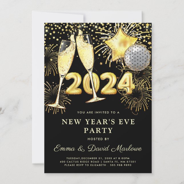 New Year's Eve Party 2024 Gold Glitter Black  Invitation (Front)