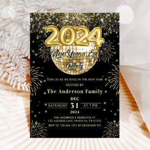 New Year's Eve Party 2024 Gold Glitter Disco Ball Invitation