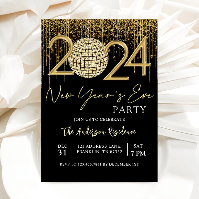 New Year's Eve Party 2024 Gold Glitter Disco Ball Invitation (Creator Uploaded)
