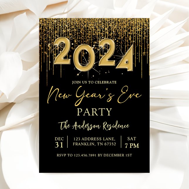 New Year's Eve Party 2024 Gold Glitter Invitation (Creator Uploaded)