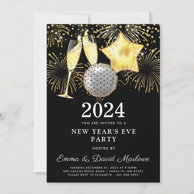 New Year's Eve Party 2024 Gold Glitter On Black  I Invitation (Front)