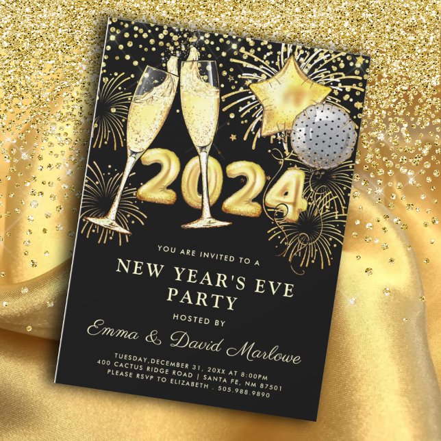 New Year's Eve Party 2024 Gold Glitter On Black  Invitation (Creator Uploaded)