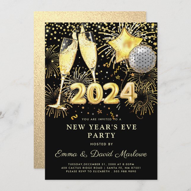 New Year's Eve Party 2024 Gold Glitter On Black  Invitation (Front/Back)