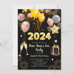 New Year's Eve Party 2024 Gold Glitter On Black  Invitation