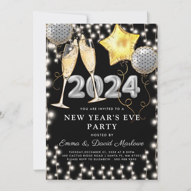 New Year's Eve Party 2024 Silver Glitter Black  Invitation (Front)
