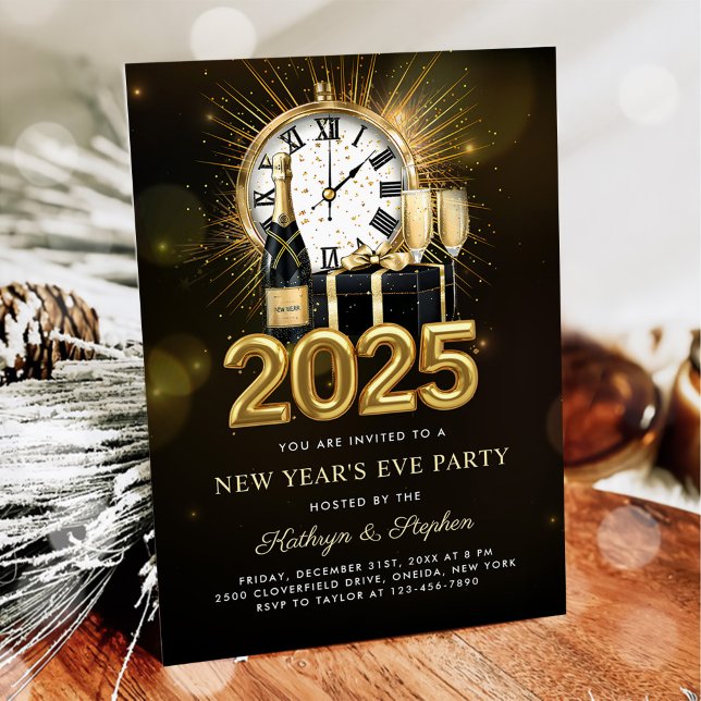 New Year's Eve Party 2025 Gold Champagne  Invitation (Creator Uploaded)