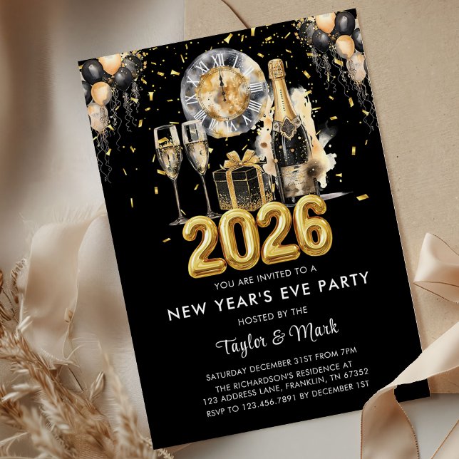 New Year's Eve Party Balck Gold Glitter Champagne Invitation (Creator Uploaded)