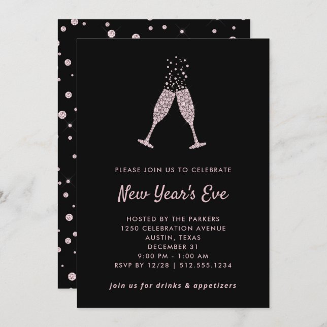 New Years Eve Party | Black and Blush Confetti Invitation (Front/Back)