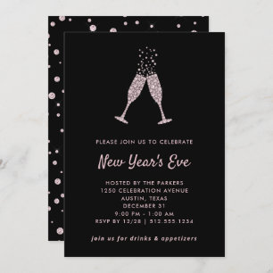 New Years Eve Party   Black and Blush Confetti Invitation