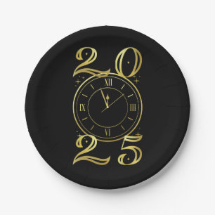 New Years Eve Party Black and Gold Paper Plate