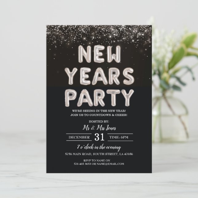 New Year's Eve Party Black and Silver Invitation (Standing Front)