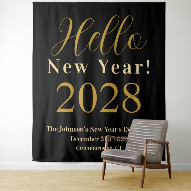 New Year's Eve Party Black Gold Backdrop Tapestry (In Situ)