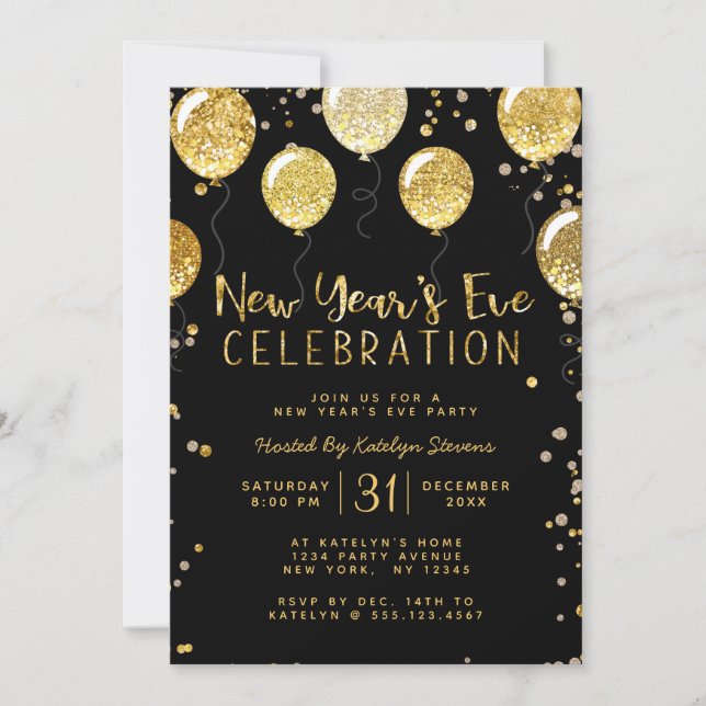 New Year's Eve Party Black & Gold Balloon Confetti Holiday Card (Front)