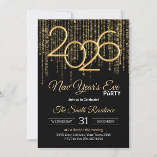 New Year's Eve Party Black & Gold Confetti Invitation