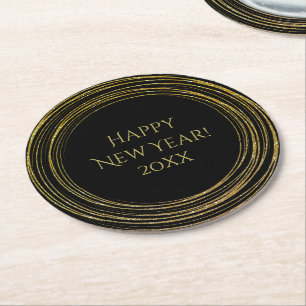 New Year's Eve Party Black Gold Glitter Art Deco Round Paper Coaster
