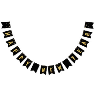 New Years Eve Party Black Gold Glitter Confetti Bunting