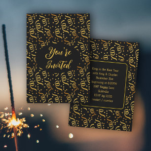 New Years Eve Party Black n Gold Confetti Invitation
