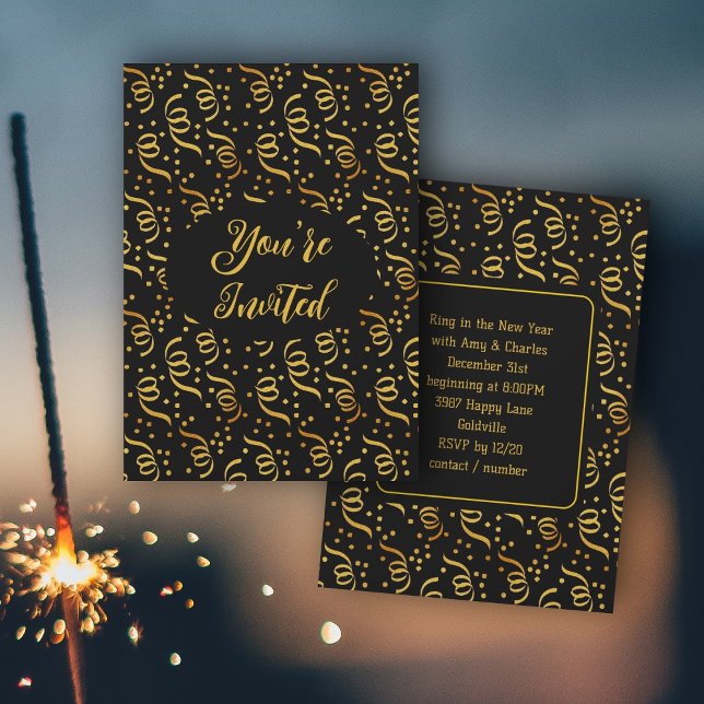 New Years Eve Party Black n Gold Confetti Invitation (Creator Uploaded)