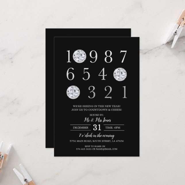 New Year's Eve Party Black Silver Disco Ball Invitation (Front/Back In Situ)