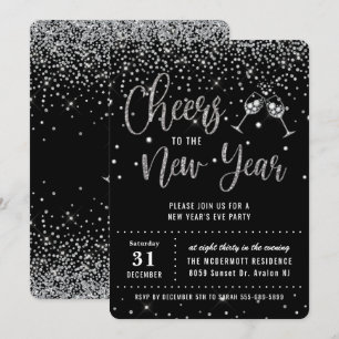 New Year's Eve Party Black Silver Glitter Confetti Invitation