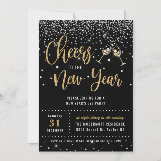 New Year's Eve Party Black Silver Gold Glitter  Invitation (Front)