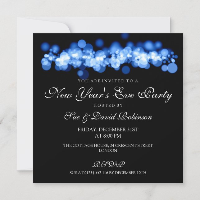 New Year's Eve Party Blue Bokeh Lights Invitation (Front)