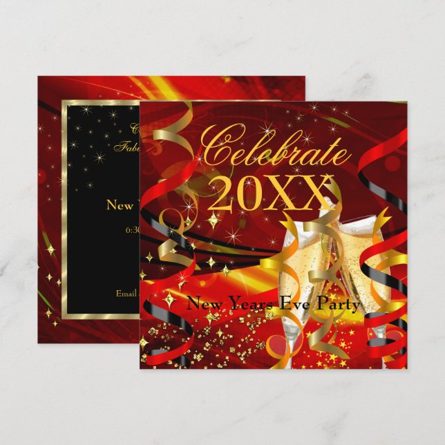 New Years Eve Party Celebration Champagne Red Gold Invitation (Front/Back)
