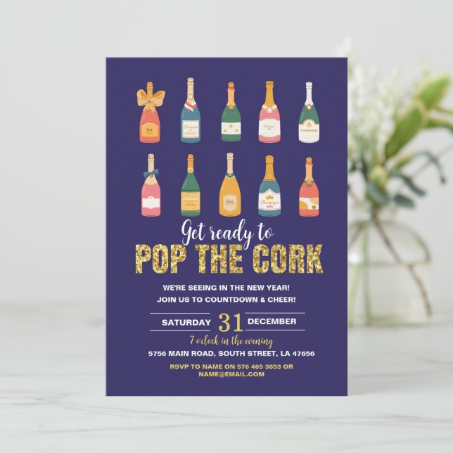 New Year's Eve Party Champagne Bottle Pop Navy Invitation (Standing Front)