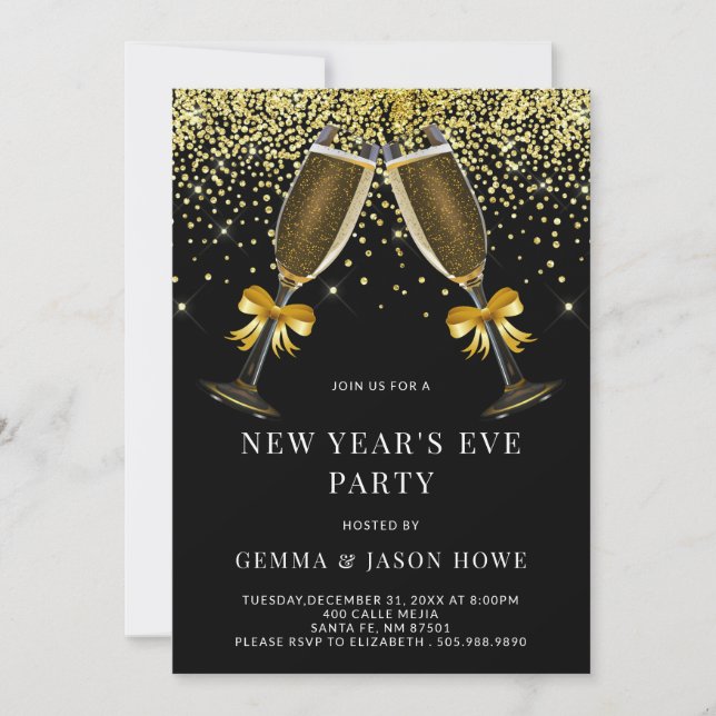 New Year's Eve Party Champagne Glasses Gold Black Invitation (Front)