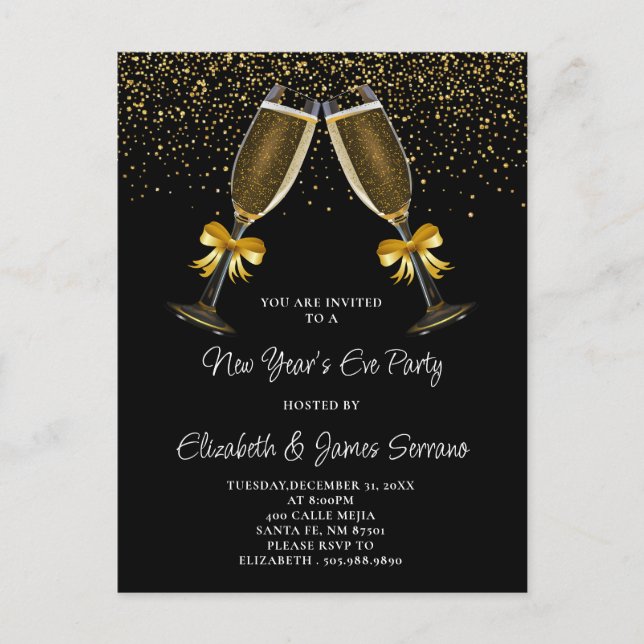 New Year's Eve Party Champagne Glasses Gold Black Invitation Postcard (Front)