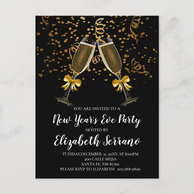 New Year's Eve Party Champagne Glasses Gold Black Invitation Postcard (Front)