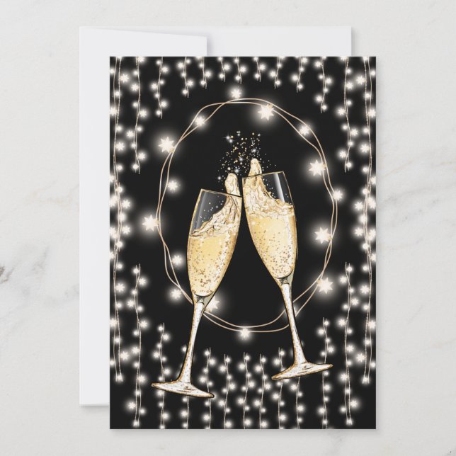 New Year's Eve Party Champagne String Lights Black Invitation (Front)