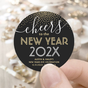 New Years Eve Party Cheers Black and Gold Confetti Classic Round Sticker