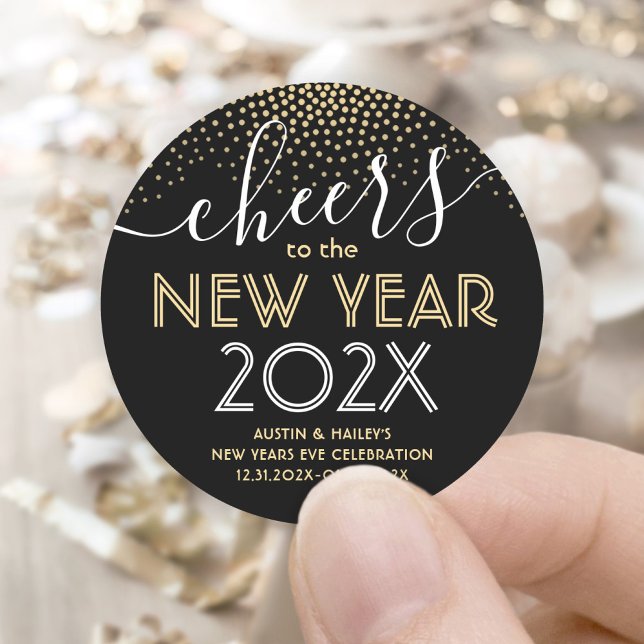 New Years Eve Party Cheers Black and Gold Confetti Classic Round Sticker (Creator Uploaded)