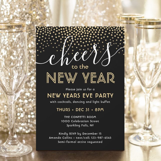 New Years Eve Party Cheers Black and Gold Confetti Invitation (Creator Uploaded)