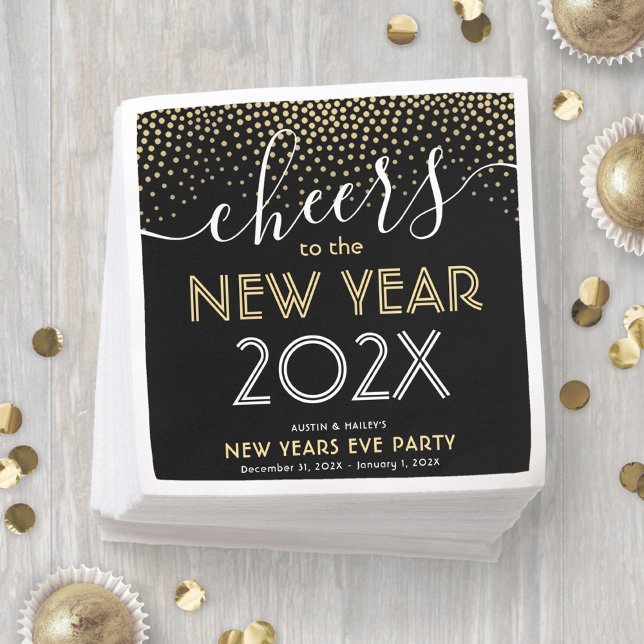 New Years Eve Party Cheers Black and Gold Confetti Napkin (Creator Uploaded)