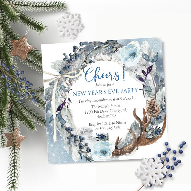 New Year's Eve Party, Cheers, Blue Wreath Sparkles Invitation (Creator Uploaded)