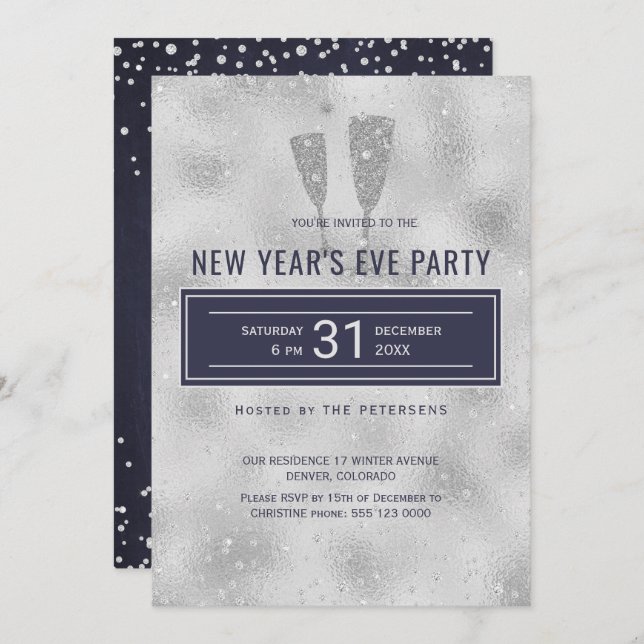 New Year's Eve Party Classy Elegant Silver Navy Invitation (Front/Back)