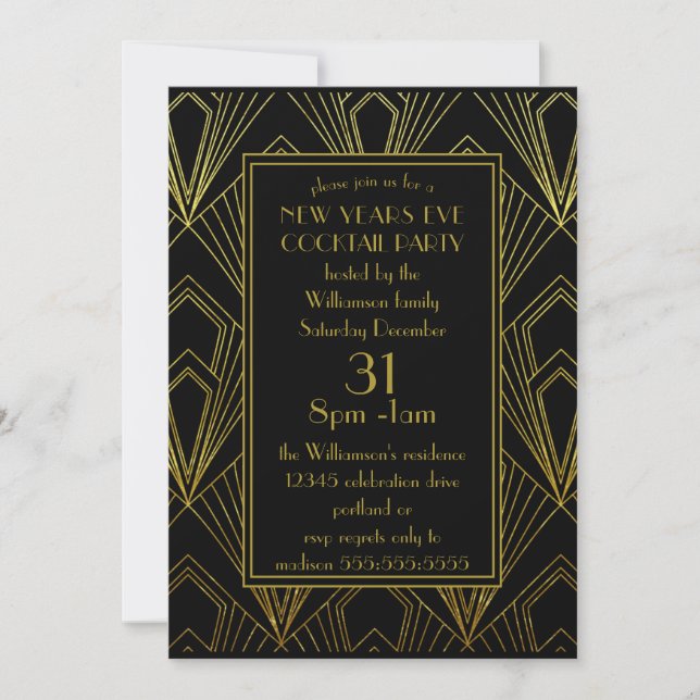 New Years Eve Party Cocktail Black | Gold Art Deco Invitation (Front)