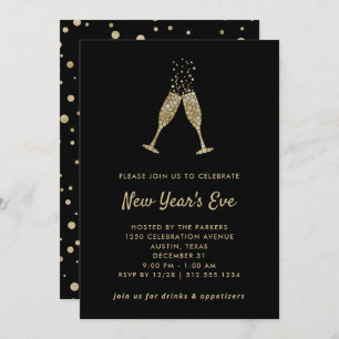 New Years Eve Party   Faux Gold Confetti on Black Invitation
