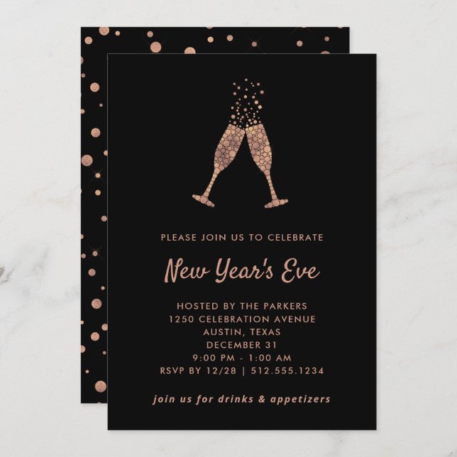 New Years Eve Party | Faux Rose Gold Confetti Invitation (Front/Back)